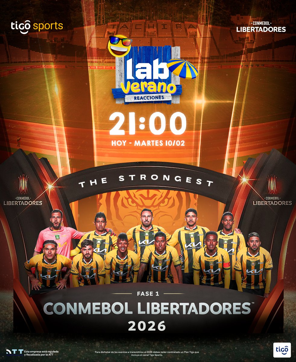 🤩 ¡ESTAMOS CON USTEDES! 🤩
➡️ The Strongest 🇧🇴 juega la revancha por la Conmebol Libertadores🏆, contra Dep. Táchira 🇻🇪 y le deseamos el mayor de los éxitos al ‘Tigre’ esta noche🔥 para lograr la clasificación.

➡️ Reacciona junto a nosotros en Lab Verano desde las 21:00.