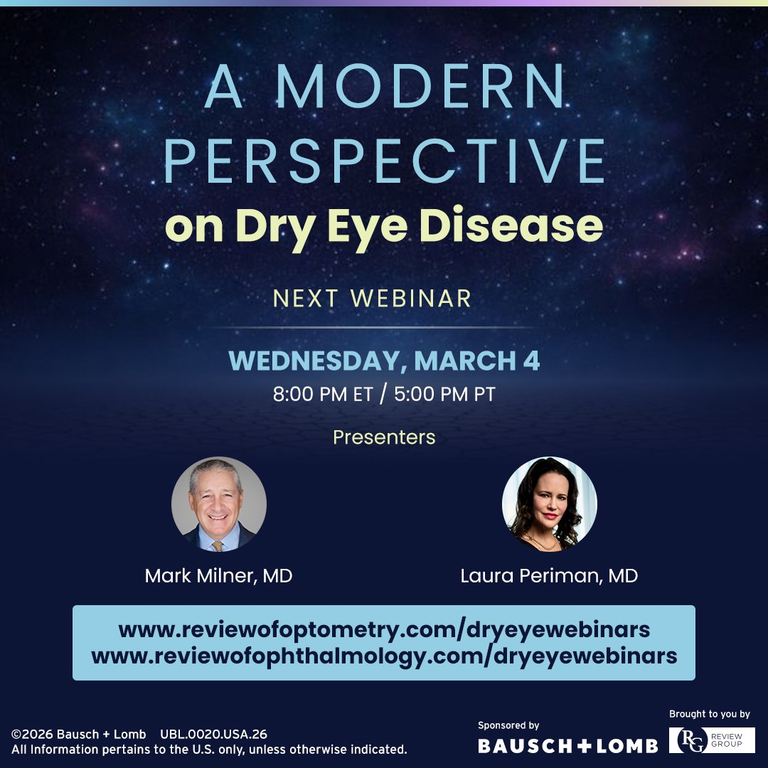 RevOphth's tweet image. #Ad From detection to management.
Drs. Milner and Periman share clinical perspectives on approaching dry eye disease in practice.
📚 Register to join the discussion.
reviewofophthalmology.com/dryeyewebinars
#DryEyeDisease #Optometry #Ophthalmology