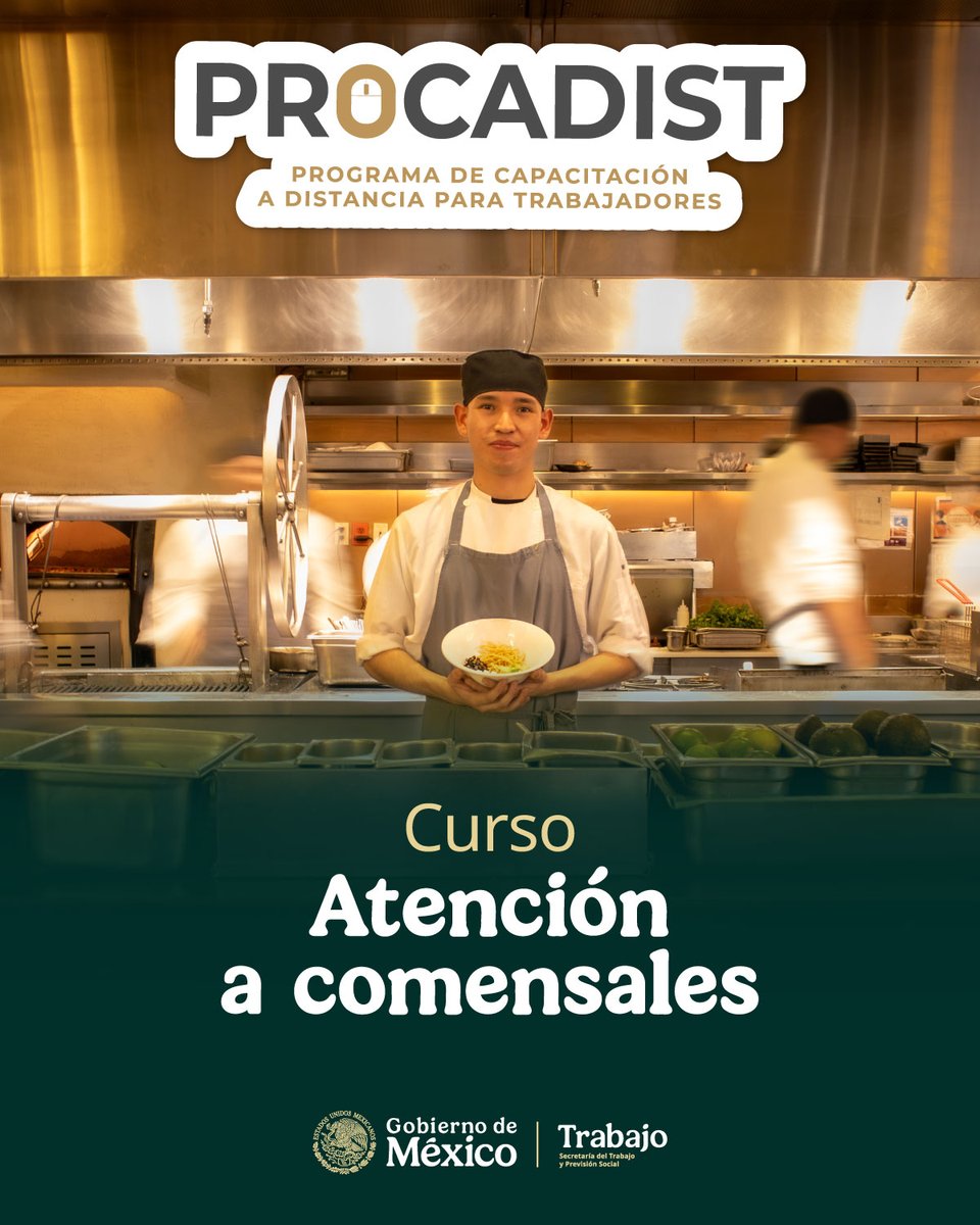 STPS_mx's tweet photo. 💬Con este curso, adquirirás las habilidades necesarias para cada tipo de montaje, aprenderás a ofrecer una atención óptima al comensal y a brindar un servicio de calidad.
Duración: 16 horas, distribuidas en 20 días.
✅¡Capacítate en #Procadist!
💻https://t.co/woVyeLgwNM https://t.co/dUmtdpMK8v