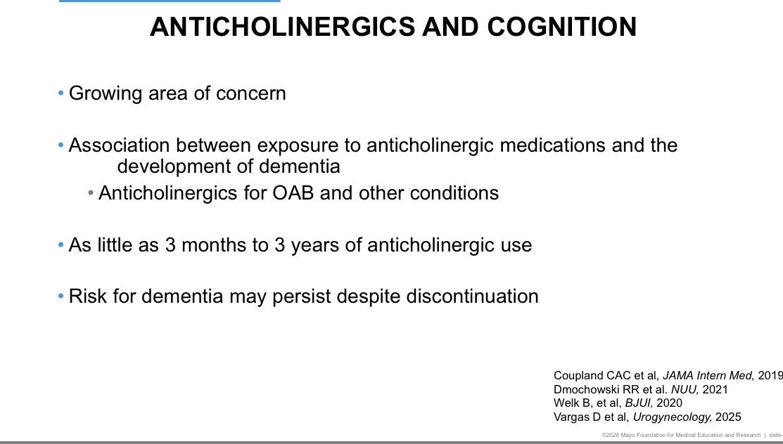 Beta-3 agonist preferred as first medication in overactive bladder over anticholinergics.
Risk of dementia with anticholinergics may persist after discontinuation 
<a href="/MayoUrology/">Mayo Clinic Urology</a> #MayoUroHawaii26