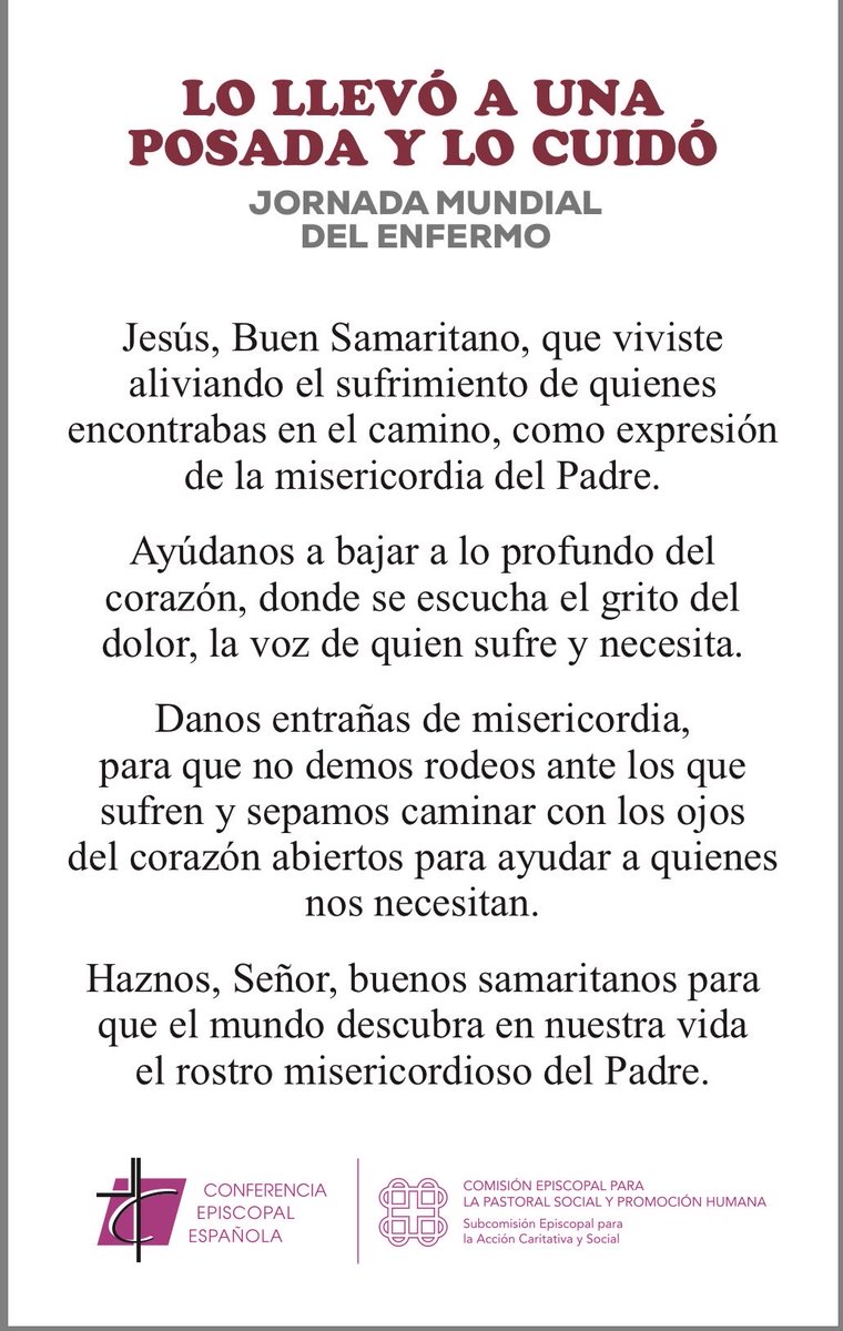 pastoralsaudemf's tweet photo. A compaixón do #Samaritano: amar levando a dor do outro”
O #Papa León XIV proponnos o acompañamento dos nosos #enfermos cun #AMOR entregado que se atreve, porque non pode pasar de largo, a cargar co #sufrimento do ferido, facéndonos #próximos e #compasivos https://t.co/Ix0B7nPsbD