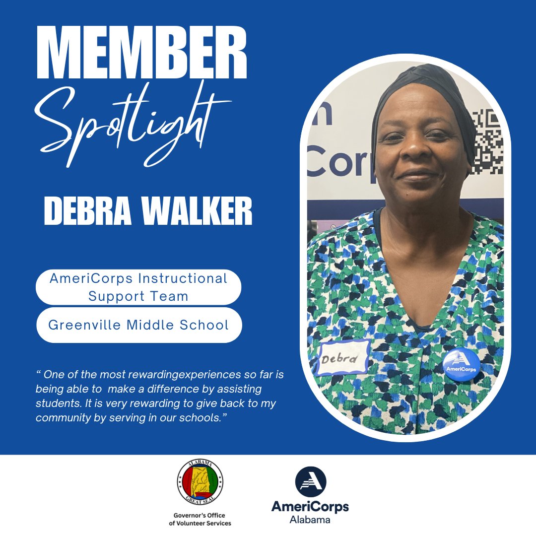 ServeAlabama's tweet photo. We would like to recognize AmeriCorps Instructional Support Team #AlabamaAmeriCorps member Debra Walker. Debra serves at Greenville Middle School. Thank you for your service! #getthingsdone #AIST #ServeAlabama https://t.co/x5cH2R9aK2