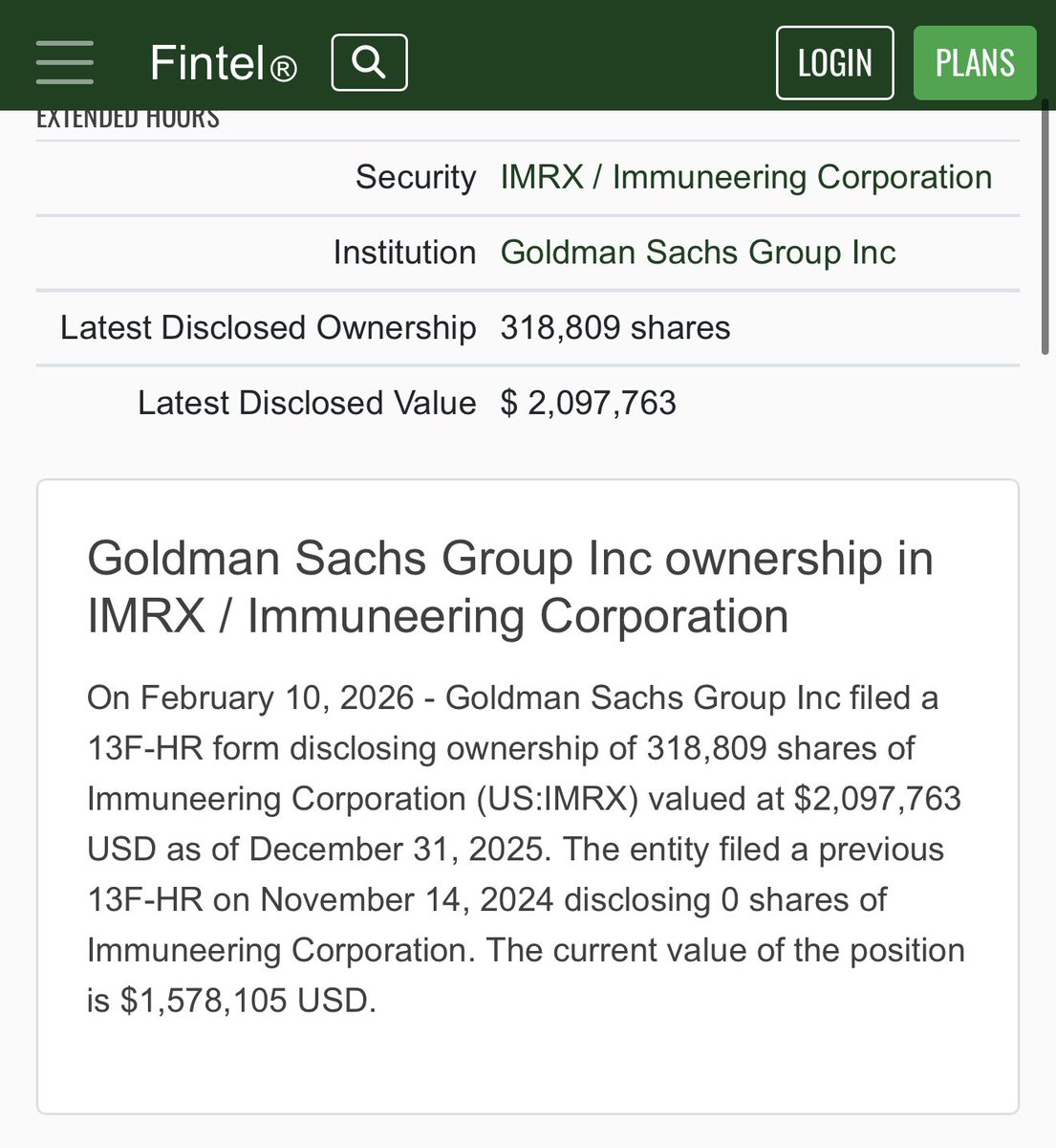 Goldman Sachs Group Inc filed a 13F-HR form disclosing ownership of 318,809 shares of Immuneering Corporation (US:IMRX) valued at $2,097,763 USD  $imrx