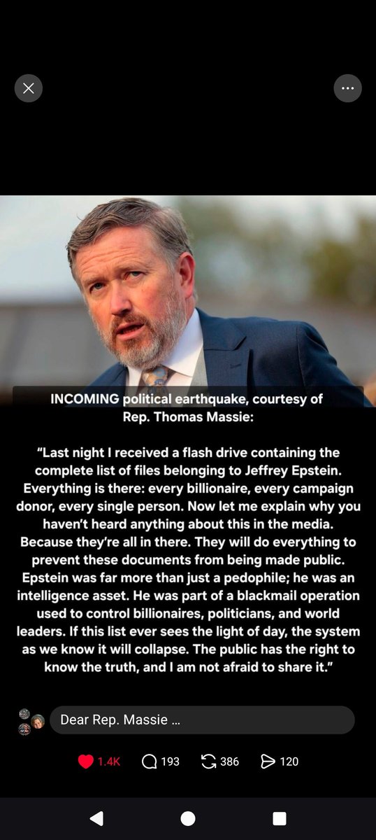 I'm really enjoying having this guy in office at the moment. He's the only GOP guy that's really pushing this. #EpsteinFiles #EpsteinTrumpCoverUp