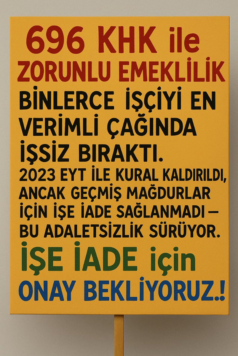 696 sayılı KHK'nın geçici 23. Maddesi gereğince, kendi isteği dışında Genç yaşta Zorunlu Emekli edilen Kamu işçisi YASAL Düzenleme ile İŞE İADE bekliyor <a href="/RTErdogan/">Recep Tayyip Erdoğan</a> <a href="/isikhanvedat/">Prof. Dr. Vedat Işıkhan</a> <a href="/eczozgurozel/">Özgür Özel</a> <a href="/dbdevletbahceli/">Devlet Bahçeli</a> <a href="/erbakanfatih/">Dr. Fatih Erbakan</a> <a href="/MDervisogluTR/">Müsavat Dervişoğlu</a> #ZorunluEmekliyeİşeİadeHakkı