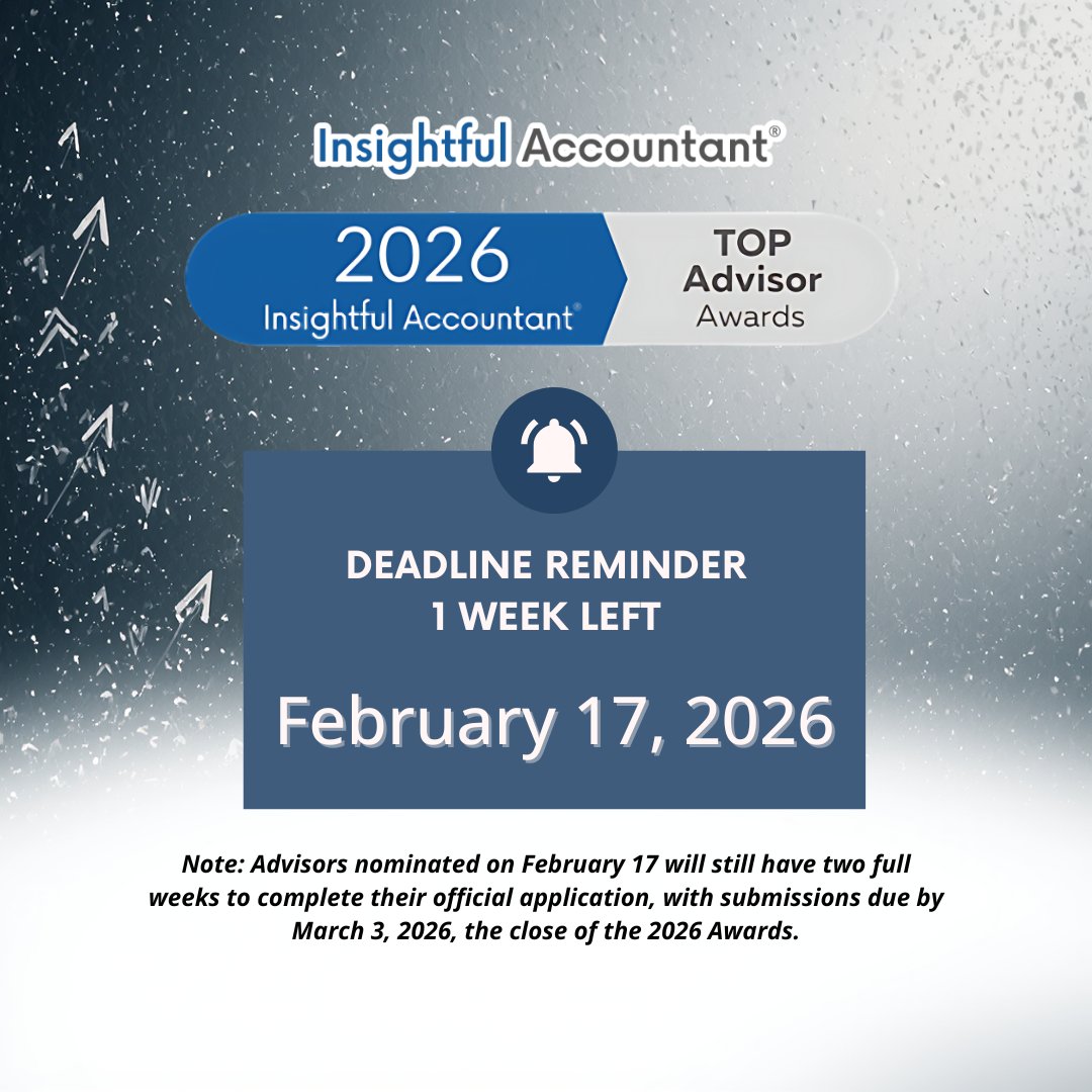 InsightfulActnt's tweet image. 1 Week Left to Nominate a Fellow Advisor

There is only one week remaining to nominate an accounting or tax professional for the 2026 Advisor Awards from Insightful Accountant.

Submit a nomination here: hubs.li/Q042xLSb0

#AdvisorAwards  #ProAdvisors #InsightfulAccountant