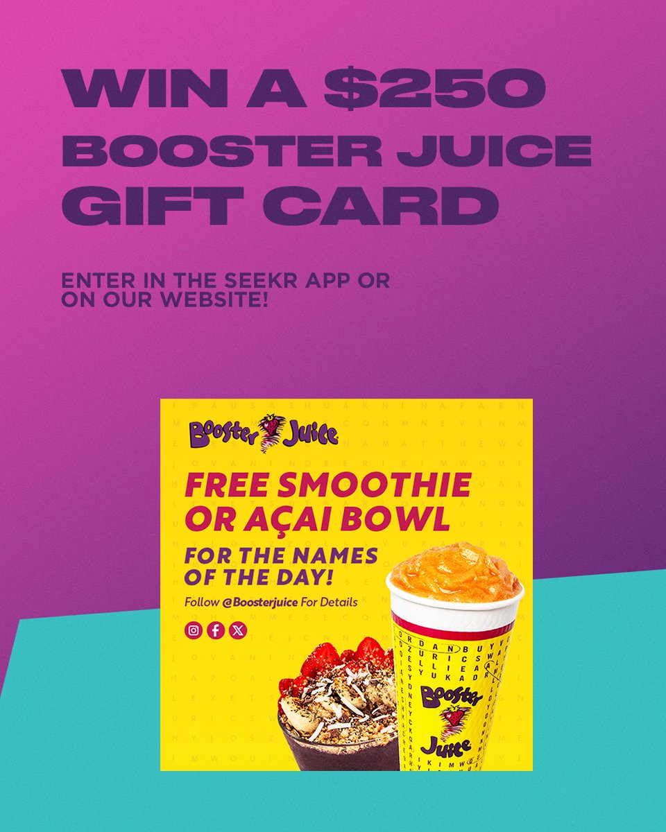 The <a href="/boosterjuice/">Booster Juice</a> Names of The Day Promo is BACK to make this month all about YOU - giving you a FREE smoothie or açai bowl if they call out your name! 🍹

PLUS, we've got your chance to WIN a $250 Booster Juice gift card! 👀

Details &amp; enter to win at bit.ly/45kaOAy