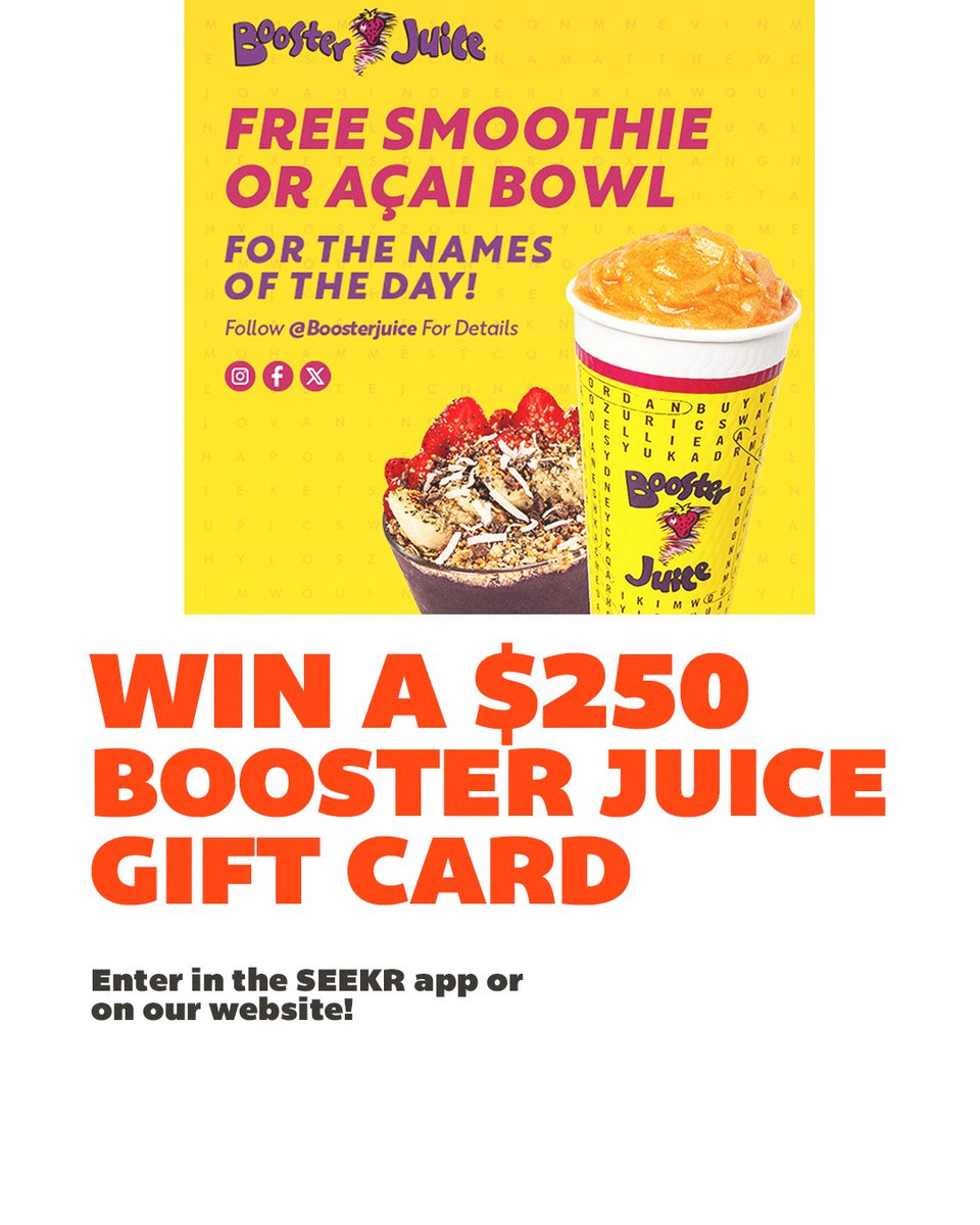 The <a href="/boosterjuice/">Booster Juice</a> Names of The Day Promo is BACK to make this month all about YOU - giving you a FREE smoothie or açai bowl if they call out your name! 🍹

PLUS, we've got your chance to WIN a $250 Booster Juice gift card! 👀

Details &amp; enter to win at bit.ly/45kaOAy