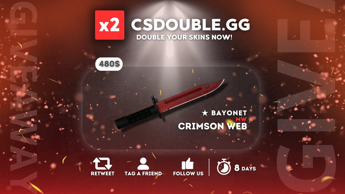 csdoublegg's tweet image. GIVEAWAY LEVEL UP! 🆙

The prize pool just got BIGGER. Who wants a $480 Bayonet Crimson Web MW? 🩸

How to enter:
➕ Follow us 
🔁 Retweet &amp;amp; Like 
🏷️ Tag a Friend
🎟️ Activate code: "FREE" on CSDouble.gg

We will check if the code was used! Good luck! 🤞

#CS2Giveaway…