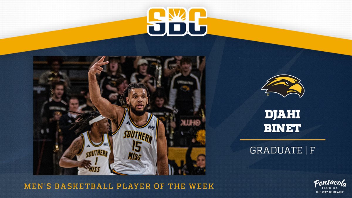 SunBelt's tweet photo. 𝗕𝗜𝗡𝗘𝗧'𝗦 𝗕𝗜𝗡𝗚𝗘.

@SouthernMissMBB graduate forward Djahi Binet earns Sun Belt Men's Basketball Player of the Week after averaging 24 points and 11 rebounds while shooting nearly 70% from the floor for the Golden Eagles. ☀️🏀

📰 » https://t.co/pwxr4hzSVw | @VisitPensacola