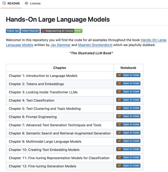 Hands-On Large Language Models:🤞

It covers : 

Chapter 1: Introduction to Language Models
Chapter 2: Tokens and Embeddings
Chapter 3: Looking Inside Transformer LLMs
Chapter 4: Text Classification
Chapter 5: Text Clustering and Topic Modeling
Chapter 6: Prompt Engineering