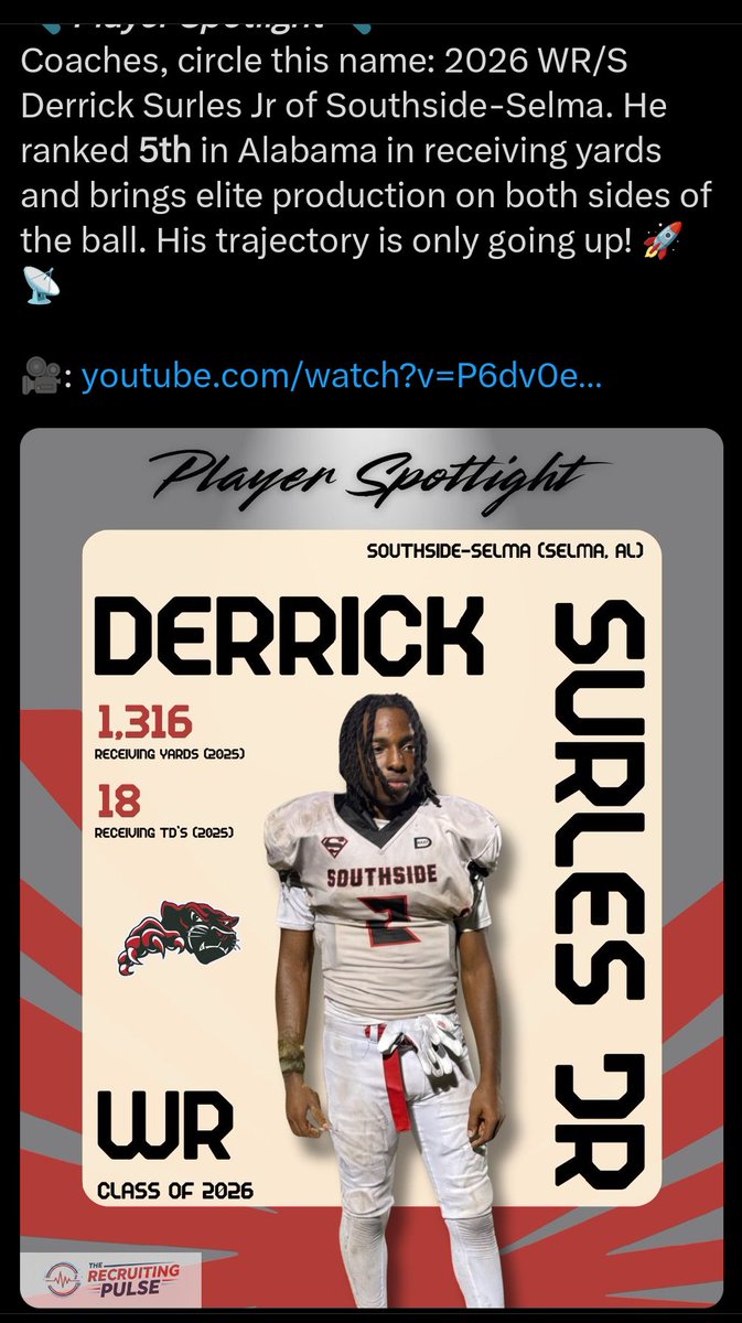Alabama36701334's tweet photo. Derrick Surles Jr Southside Selma Panthers class of 26 WR/SS. 
A DOG!!! Hardworker!!
6'1
185
3.2gpa
Any coaches that's looking for a great player hit up the DM!!
#sharewithcoaches
Senior Season 1316 Receiving Yard 18 Receiving TDs
#Sharewithcoaches https://t.co/QdgcsxkgLn