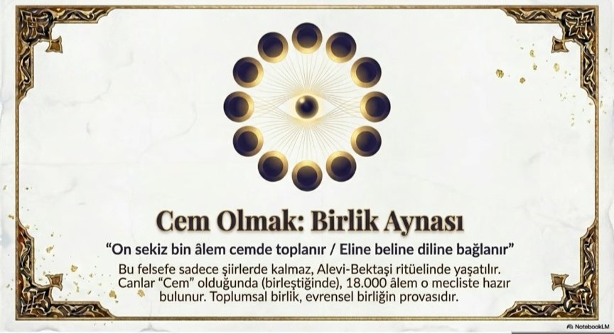 On sekiz bin âleme bir can yeter 
Can içinde canı bilen sır yeter

On sekiz bin âlem cemde toplanır  Eline beline diline bağlanır