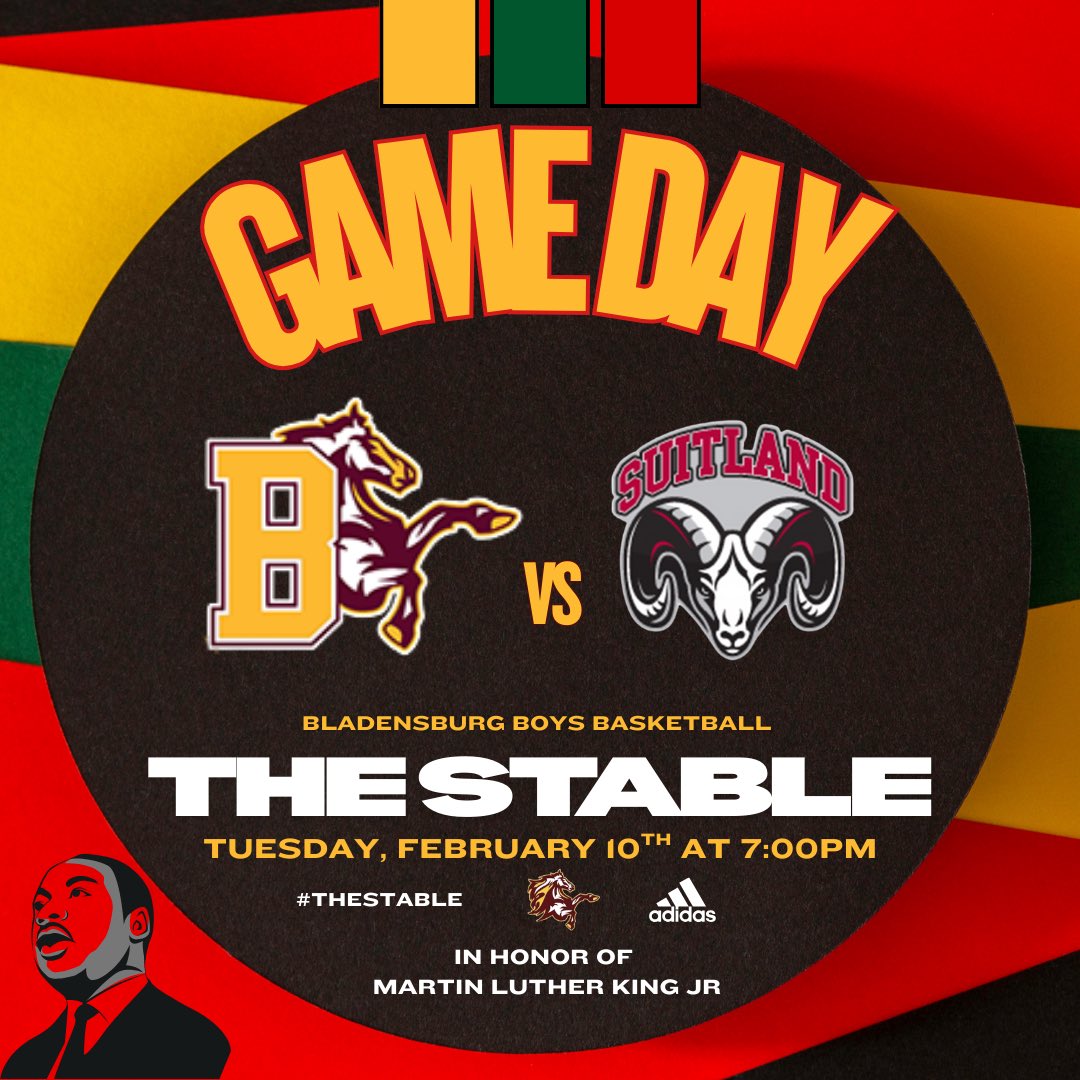 BladensburgMBB's tweet photo. #Gameday as The Mustangs host Suitland High in a @pgcps 4A matchup in Honor of Martin Luther King #BlackHistoryMonth 👊🏿#TheStable 🐎🏀 https://t.co/0hkPOaohvF