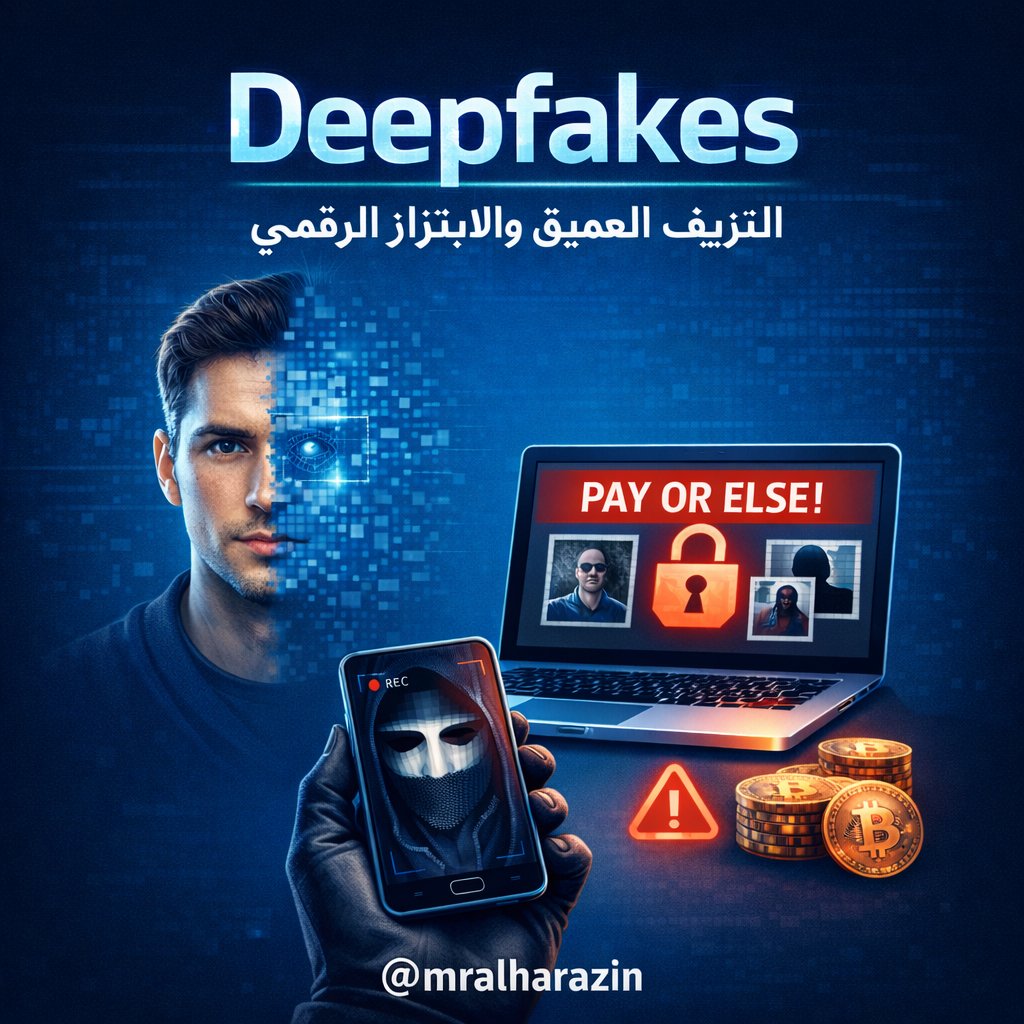 يعتبر التزييف العميق سلاح سري وخفي للابتزاز الرقمي  حيث تستخدم تقنية #Deepfake الذكاء الاصطناعي لإنشاء صور ومقاطع فيديو  مزيفة تبدو حقيقية بشكل يجعل من الصعب اكتشافه ان كان حقيقًا ام لا.

ان هذا الاسلوب أصبح اليوم تهديدًا إلكترونيًا خطيرًا، حيث يُستخدم على نطاق واسع في الابتزاز