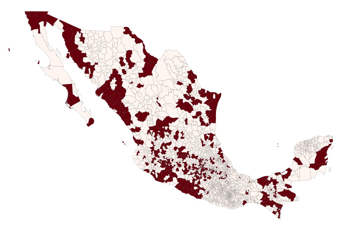 Los municipios en guinda muestran presencia de alguno de los 8 carteles más activos en México desde 2022 hasta 2024:

CJNG, Sinaloa, la familia michoacana, santa rosa de lima, CDN, los chapitos, los viagras y cartel del golfo.

#ÚLTIMAHORA #PazConResultados4T Ovidio Guzmán