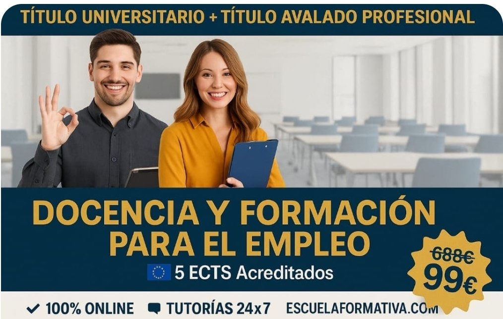 🎓 Da el salto a la docencia profesional
Fórmate en Docencia y Formación para el Empleo con
✅ Título universitario + título avalado
🇪🇺 5 ECTS acreditados
💻 100% online | Tutorías 24x7
✔️ Bolsa de #Trabajo 
‼️Solo 99€

escuelaformativa.com/cursos/curso-u…

#docente #formación #formador