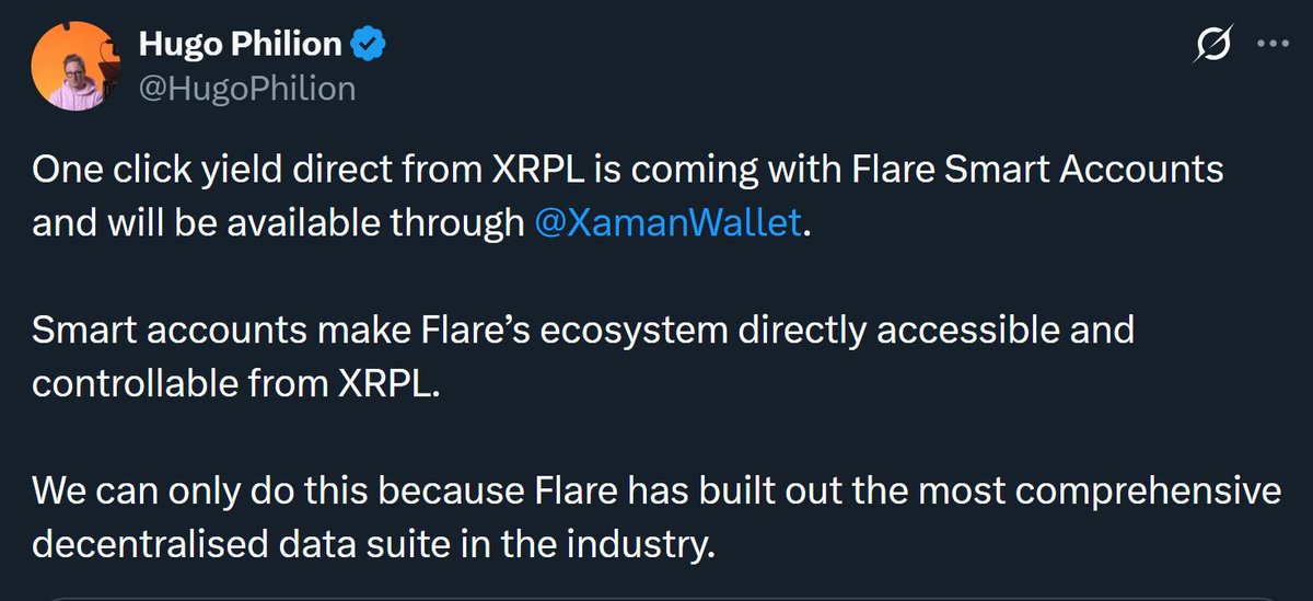 stedas's tweet image. $XRP holders: 
One-click yield. No bridges. No mess. 
XRPL → Flare via Smart Accounts. 
@XamanWallet makes it usable. 

Coming soon! 👍 @FlareNetworks