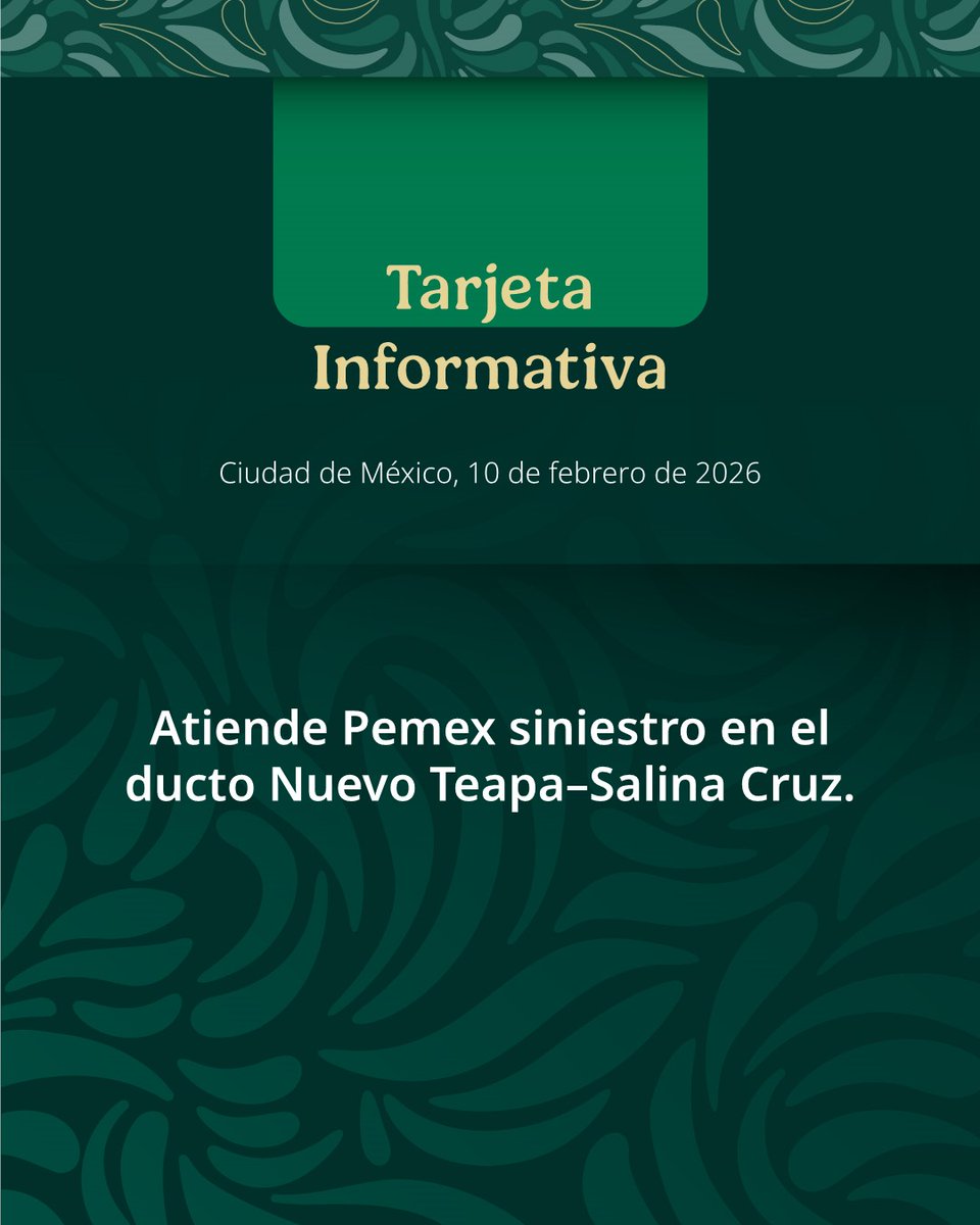 📍Atiende Pemex siniestro en el ducto Nuevo Teapa–Salina Cruz.

Tarjeta informativa: pemex.com/saladeprensa/d…