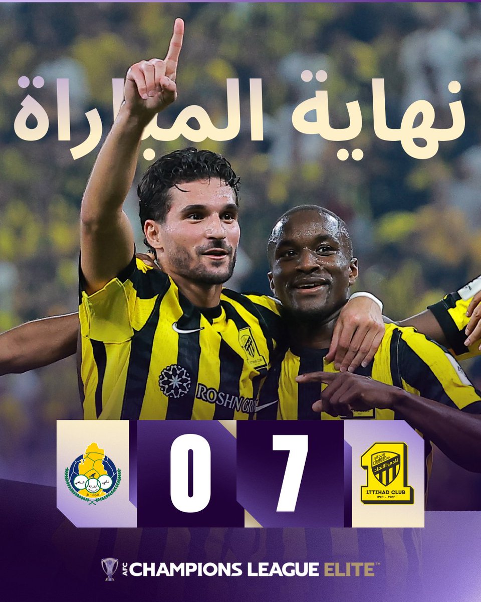 theAFCCL_ar's tweet photo. نهاية المباراة | 🇸🇦 الاتحاد 7️⃣ - 0️⃣ الغرافة 🇶🇦

النمور يتألقون ويسجلون سبعة أهداف في ليلة آسيوية لا تُنسى 🔥

#دوري_أبطال_آسيا_للنخبة | #الاتحاد_الغرافة https://t.co/z5Lb62d7px