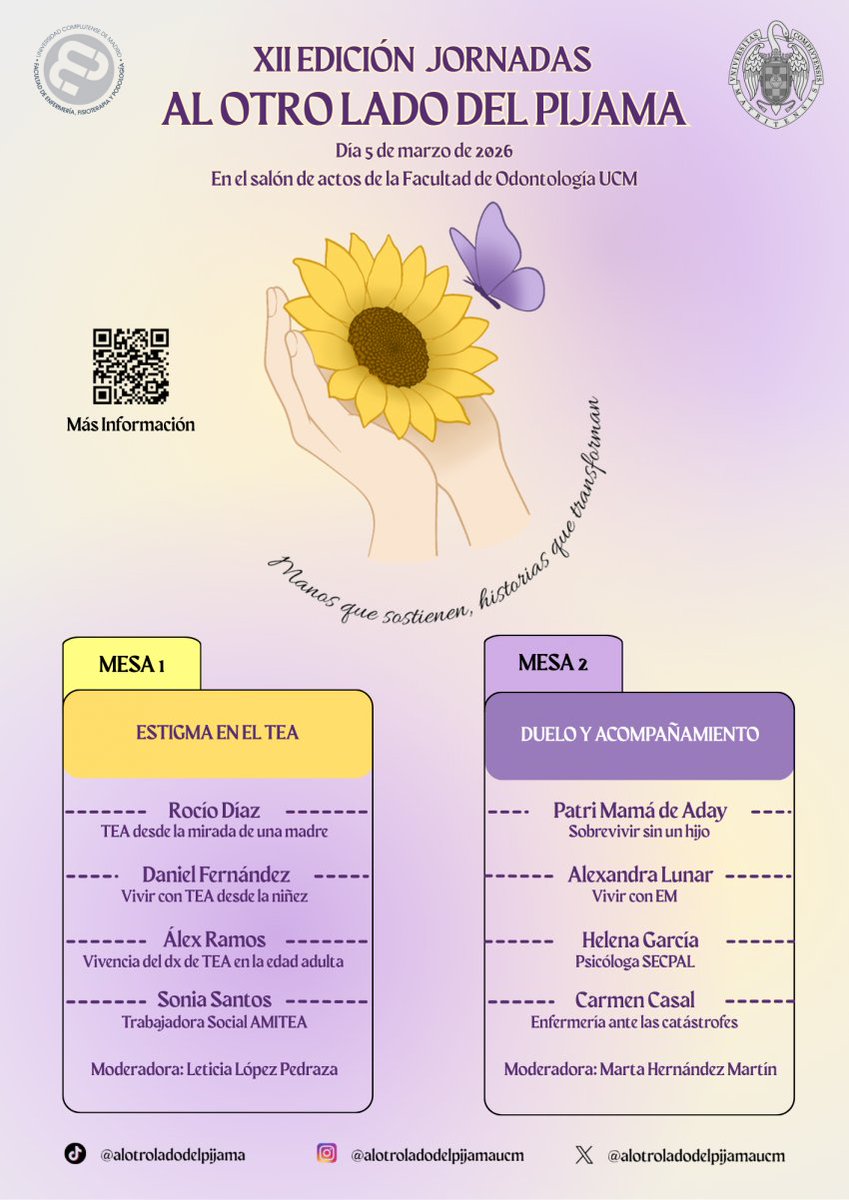 tayvs15's tweet photo. Ya disponible toda la información para participar en las XII Jornadas de valores Al otro lado del pijama @otroladopijama organizadas por estudiantes de 4 enfermería @unicomplutense donde este año se abordará el Estigma del TEA y el Duelo y Acompañamiento👇
https://t.co/v5lzxAiBQS https://t.co/66eIZeg9JI