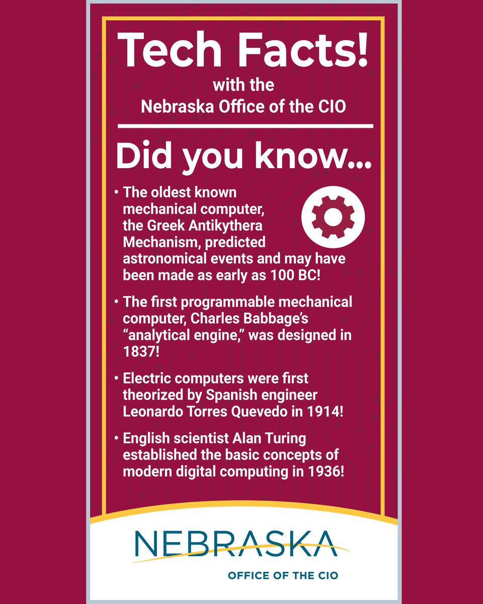 Nebraska_OCIO's tweet photo. For this week's Tech Facts, learn a little about the long and impressive history of computing! #DidYouKnow #Nebraska https://t.co/NtGeUO8eh2
