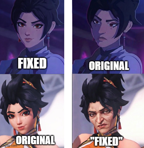 Which edited version of Anran from Overwatch do you prefer?

Fixed or "Fixed"?