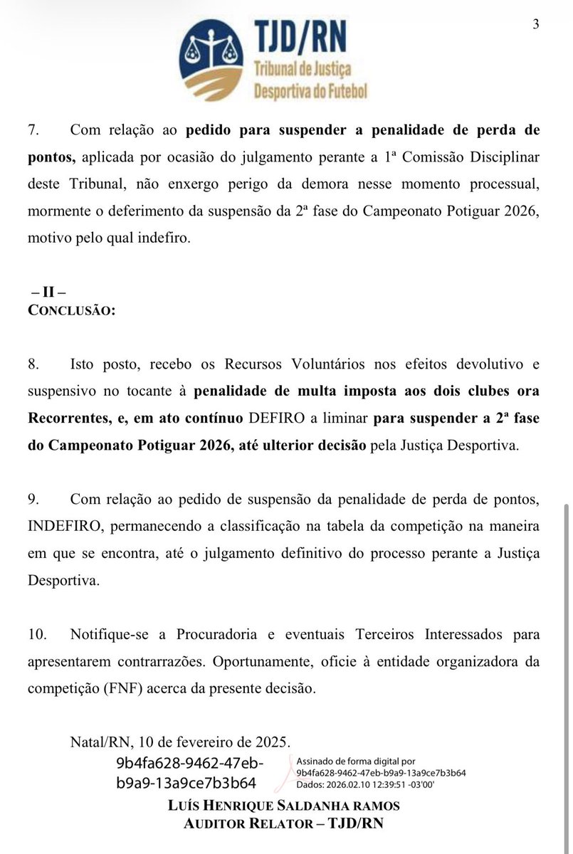 Decisão interlocutória indeferiu "o pedido de suspensão da penalidade de perda de pontos, mantendo-se a classificação na forma em que se encontra, até julgamento definitivo", solicitado no recurso do América-RN.