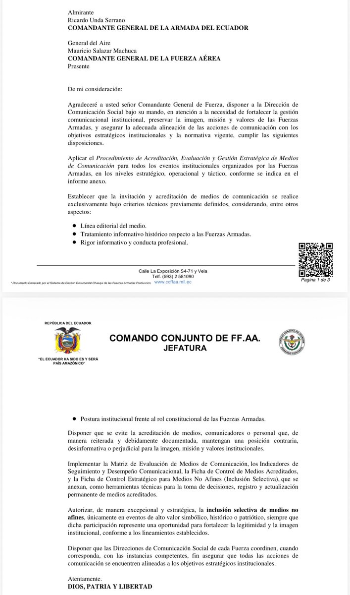 mromerorivera's tweet image. Medio o periodista que intente investigar a @FFAAECUADOR @DefensaEc es excluido oficialmente de coberturas periodísticas y pierde su acreditación. “La exclusión de medios perjudiciales es necesaria”, según este informe. 
Nunca he sido, ni seré  instrumento de propaganda oficial.