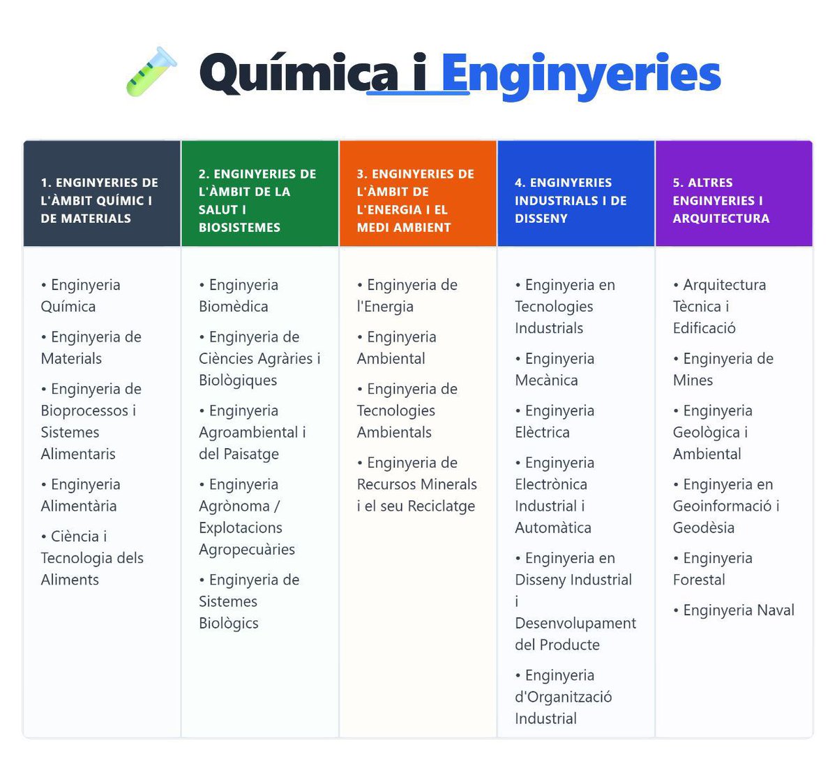 AzulBlaucobalt's tweet photo. @educaciocat us heu oblidat de proposar l'optativa d'Ampliació de química en tots els itineraris de 1r batxillerat per estudis d'enginyeria. Aquí us adjunto algunes de les enginyeries en les que es cursa química. Els alumnes es mereixen que els orientem bé. https://t.co/fqTzHUqRDG