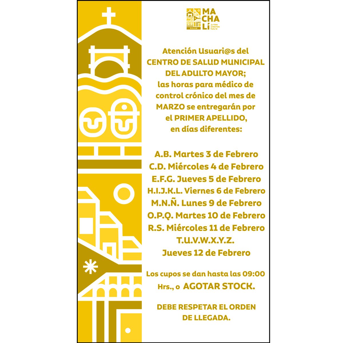 📢 ¡Atención vecinos!

Les informamos que desde el Martes 3 de #Febrero, se inició la entrega de las Horas de Control Crónico correspondientes al mes de #Marzo en el Centro de Salud Municipal del Adulto Mayor de #Machalí.

📷 (Revisa el calendario adjunto) ¡Te esperamos!