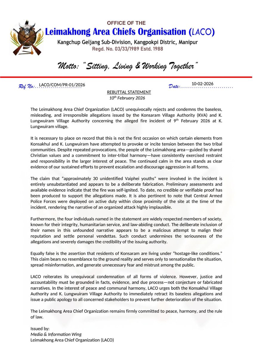 Manipur : LACO unequivocally rejects &amp; condemns the baseless allegations by Konsaram &amp; K.Lungwuiram V/A regarding the alleged fire incident of 9 Feb 2026, asserting the claims are fabricated and urging an immediate retraction &amp; public apology to restore peace &amp; communal harmony.
