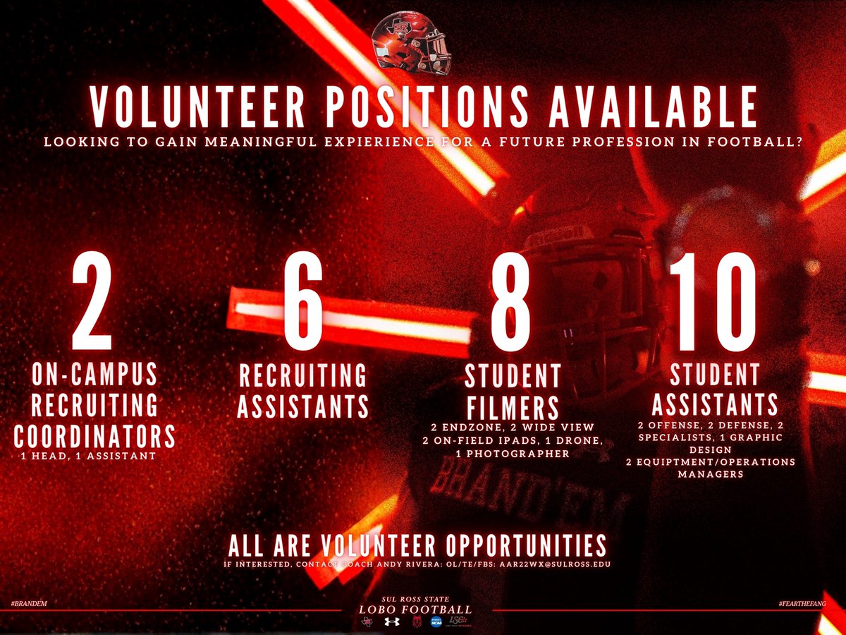 Looking to get into Football Operations/Coaching? 🐺🏈

We are offering multiple volunteer positions for individuals looking to gain Division 2 football experience!

If interested, contact Coach Andy Rivera: aar22wx@sulross.edu | <a href="/AndyRivera72/">Coach Rivera</a>