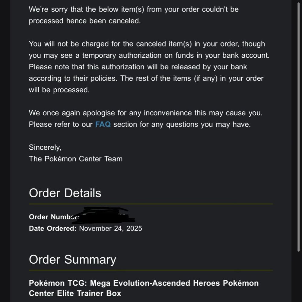 Seeing a lot of cancellation emails for Ascended Heroes Pokemon Center ETB Preorder Waves 1 and 2

Many only bought on the first wave - just 1 order. Still canceled without explanation.

We'll update this post with relevant news and alert for any other Ascended Heroes drops /