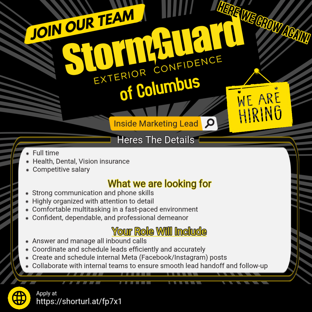 StormGuardofCol's tweet photo. 🚨 WE’RE HIRING! 🚨
Inside Marketing Lead (Full-Time)
Westerville, OH | Mon–Fri | 8:30–5 | No weekends or holidays
Be the first point of contact for inbound leads &amp; help drive our marketing strategy.
401(k), Health, Dental &amp; Vision, PTO
👉 Apply here: https://t.co/G7FCSwPZxL https://t.co/TN08uPLpr4