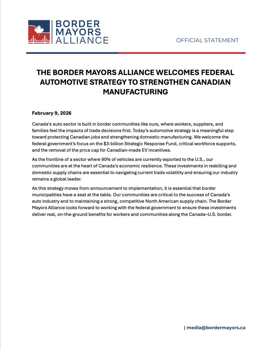 BorderMayors's tweet photo. Canada’s automotive industry is built in our border communities. 

See slide three or go to https://t.co/jzPKgfZxcD to read our full statement.

#bordermayorsalliance #automotive https://t.co/bTMxvbywRl