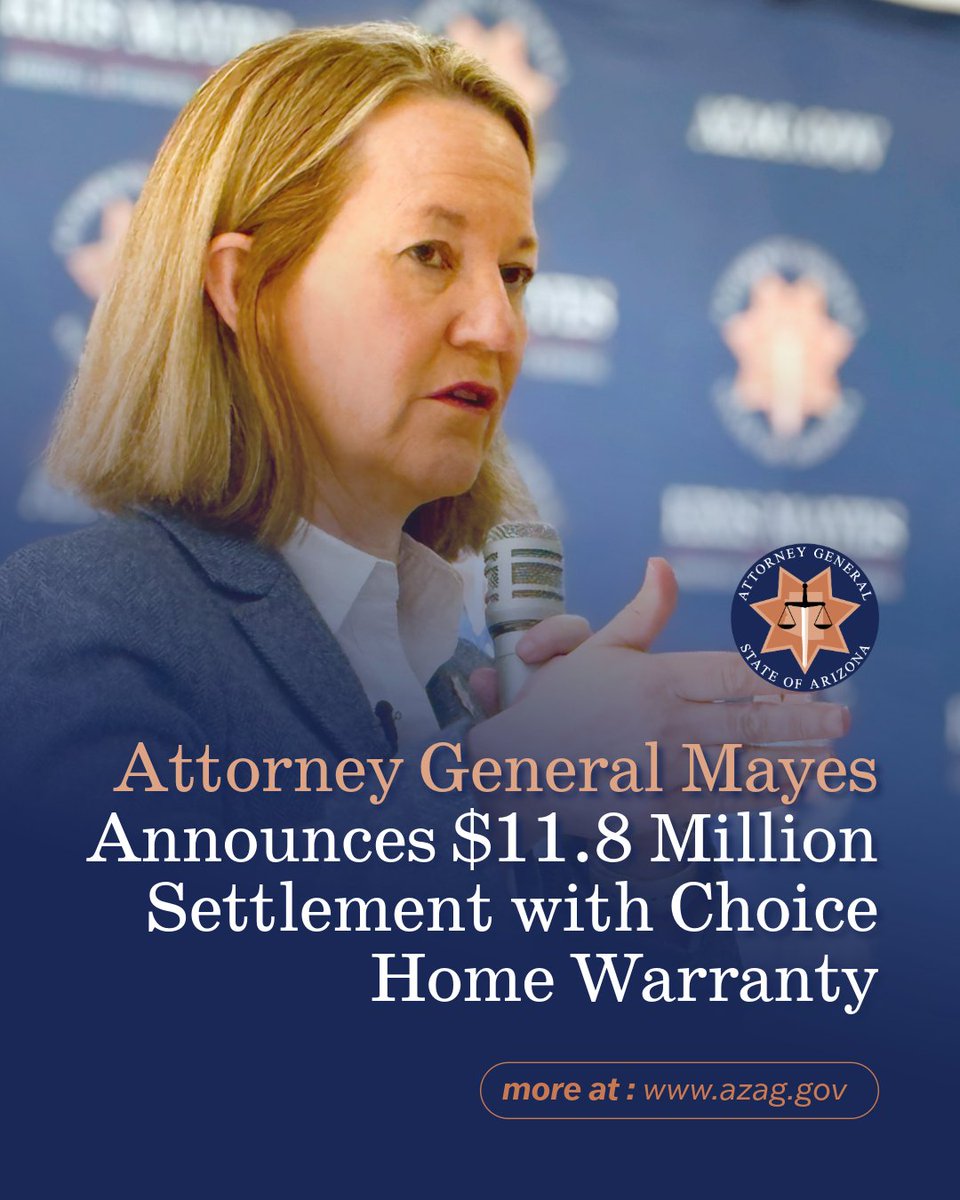 AZAGMayes's tweet photo. Choice Home Warranty allegedly misrepresented the coverage provided by their warranties and pocketed millions of dollars from Arizonans, particularly veterans, senior citizens, and others living on fixed incomes.

Press Release: https://t.co/nQRJW2gpu2 https://t.co/dPcTo3YBJ2