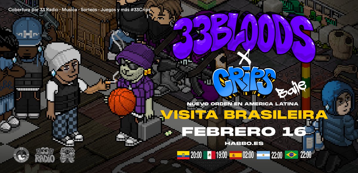 🕺🏻 BAILE 33 x CRIPS 💎♿️

Desde Brasil 🇧🇷, Crips llegan a Habbo para prender la pista en un evento especial #33Crips

🎶 Música
🎁 Sorteos
🎮 Juegos
🔥 Ambiente real

📅 16 de febrero

Sala: habbo.es/room/125407517

RT x 50c
<a href="/CripsHB/">Crips</a> <a href="/cripsbando/">QG Crips</a> 
#Habbo #HabboOrigins