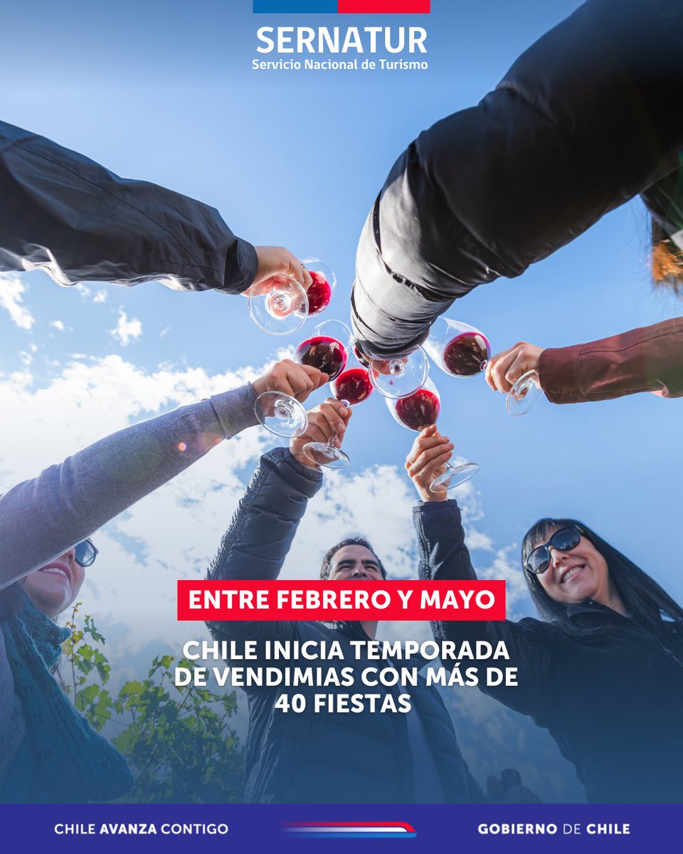 Sernatur's tweet photo. 🍇Con más de 40 celebraciones, las Fiestas de la Vendimia recorren Chile de norte a sur como uno de los principales panoramas turísticos de fin de verano. La ruta ofrece enorurismo gastronomía y cultura local. Conoce el mapa de las vendimias aquí: https://t.co/7LyrfrL0p1 https://t.co/G0DgiryWrR