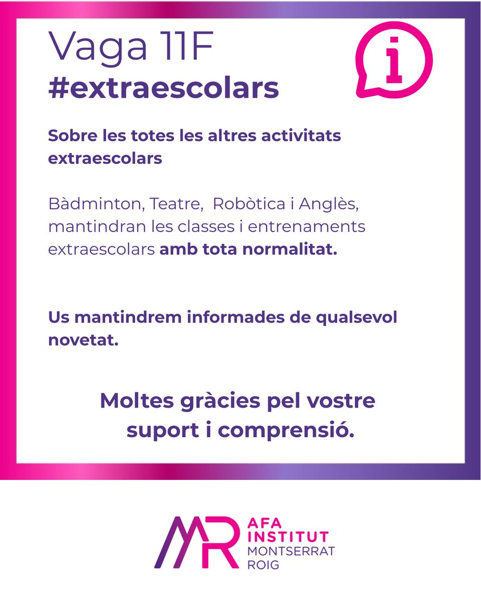 Atenció famílies!
Informació sobre les activitats extraescolars al Montserrat Roig en motiu de la Vaga #11F 
⚠️Les activitats esportives amb CET10 s'haura de fer seguiment
✅Badminton, teatre, robòtica, anglès es realitzaran amb normalitat.

#SomAFA #SomPública #SomSecundària