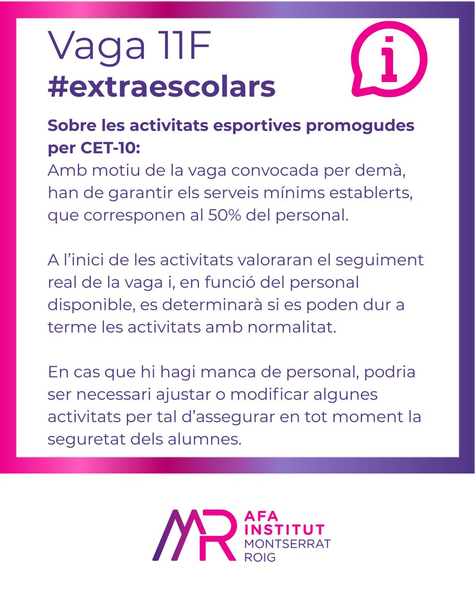Monts_Roig_Afa's tweet photo. Atenció famílies!
Informació sobre les activitats extraescolars al Montserrat Roig en motiu de la Vaga #11F
⚠️Les activitats esportives amb CET10 s'haura de fer seguiment
✅Badminton, teatre, robòtica, anglès es realitzaran amb normalitat.
#SomAFA #SomPública #SomSecundària https://t.co/jufumjLKLt