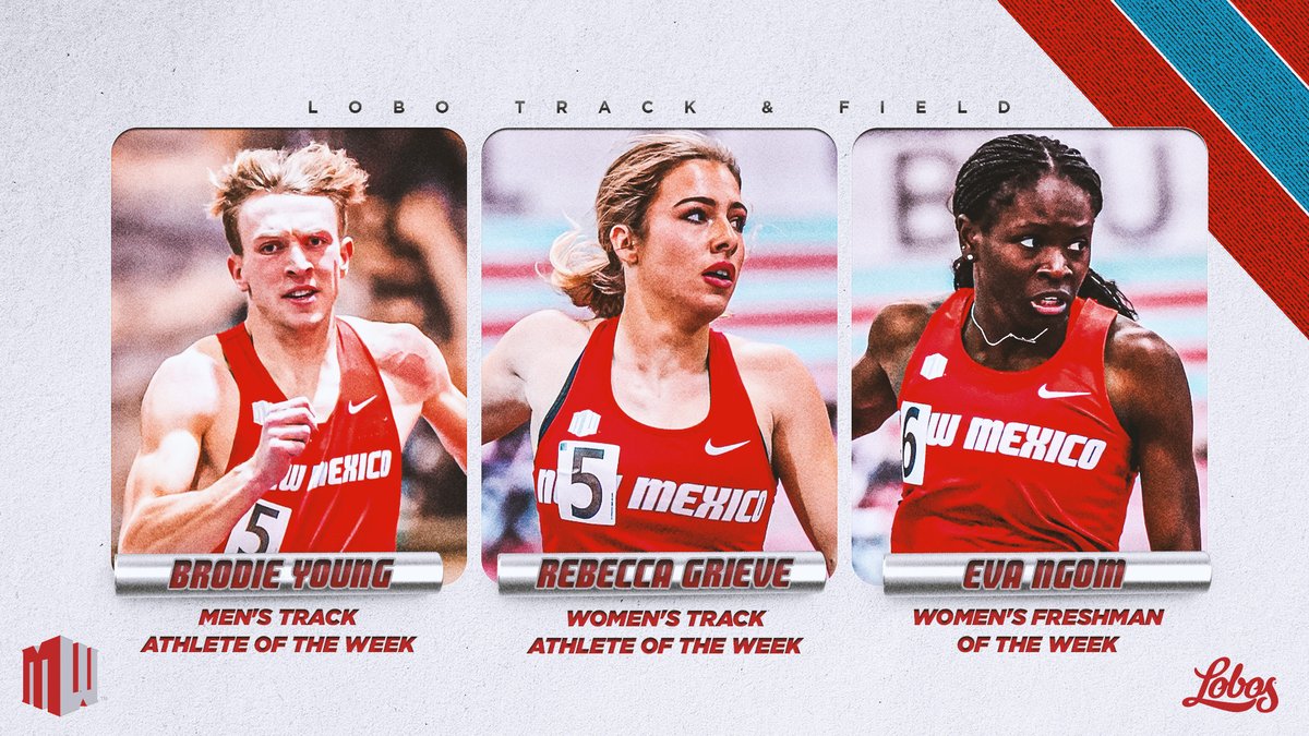 UNMLoboXCTF's tweet photo. Plenty of @MountainWest Weekly honors to go around for our 400 crew!

- Brodie Young: MW Men's Track Athlete of the Week
- Rebecca Grieve: MW Women's Track Athlete of the Week
- Eva Ngom: MW Women's Freshman of the Week https://t.co/K9mlsIpr9y