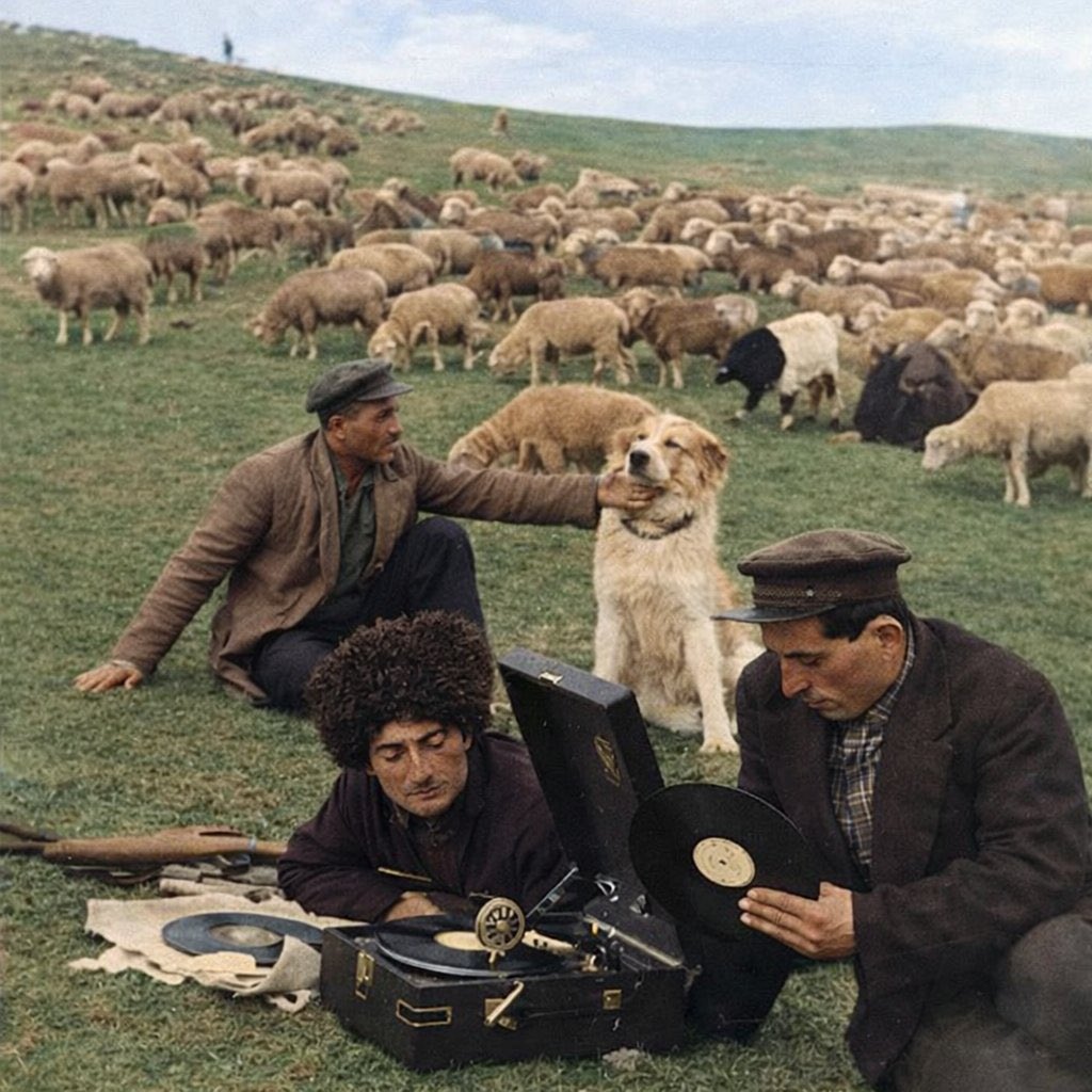 azerbaijani shepherds listening to music records (1939).