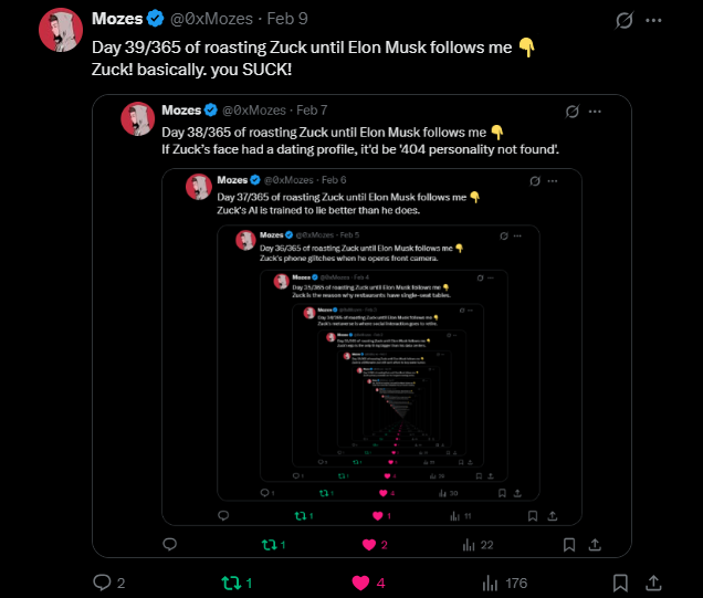 0xMozes's tweet photo. Day 41/365 of roasting Zuck until Elon Musk follows me 👇
Zuck probably never dies, because he is soulless. https://t.co/Ggs4Sdu89p