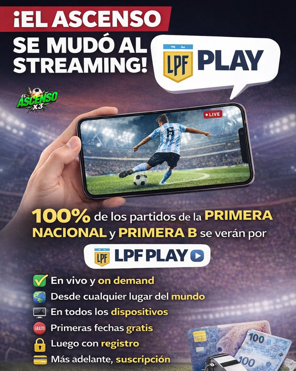 🚨⚽ EL ASCENSO SE MUDA AL STREAMING

La AFA emitió un comunicado donde brinda detalles de la medida: Desde esta temporada, el 100% de los partidos de la Primera Nacional y la Primera B se verán por LPF PLAY 📲

✅ En vivo y on demand
🌍 Desde cualquier lugar del mundo
📺 En