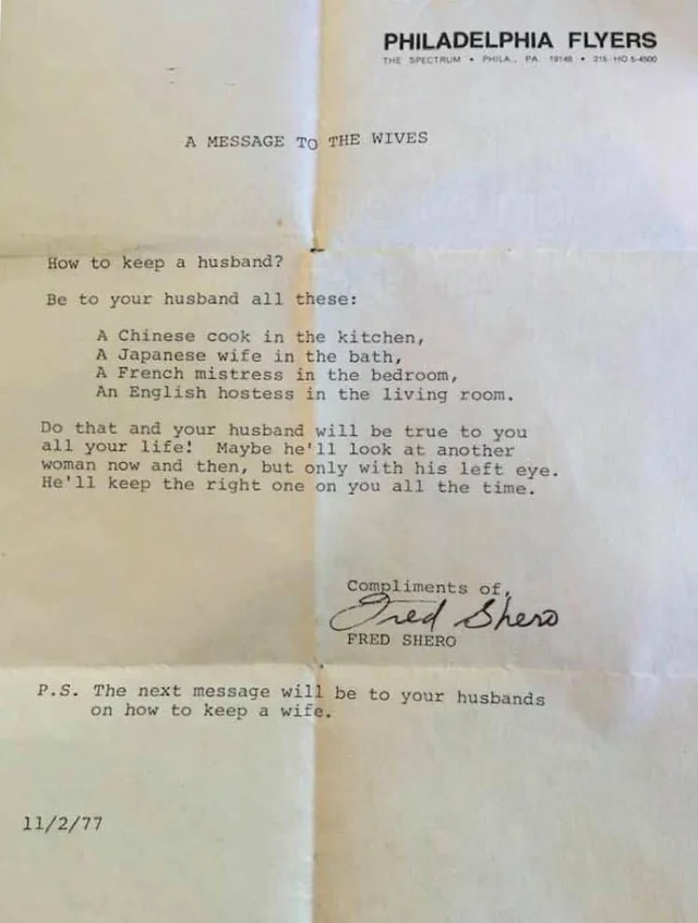 A note from Flyers coach Fred Shero to the players wives