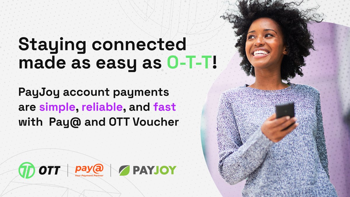 ottvoucherza's tweet photo. Life’s easier when your payments are too. 💫

Settle your @PayJoy bill in just a few taps using your OTT Voucher on @PayAt — quick, secure, and totally stress-free.

#OTT4Me #MoneyMyWay #PayAt #PayJoy https://t.co/b6aaWhze9t