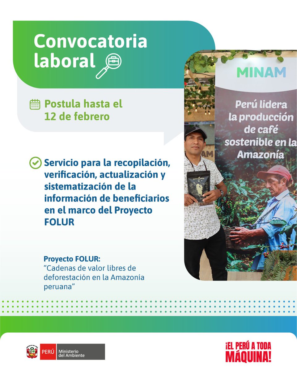 MinamPeru's tweet photo. 💼 ¡Forma parte del Proyecto #FOLUR!
🌱 Buscamos un/a consultor/a individual para prestar el servicio de recopilación, verificación, actualización y sistematización de la información de beneficiarios/as directos, así como la actualización de la información de los negocios verdes que forman parte
del Catálogo de Eco y Bionegocios del MINAM.
🗓️ Postulación hasta el 12 de febrero
📲 Más detalles
👉 https://t.co/9IYicz246r
#CafeyCacaoSostenible | #Convocatoria | #ElPerúATodaMáquina |