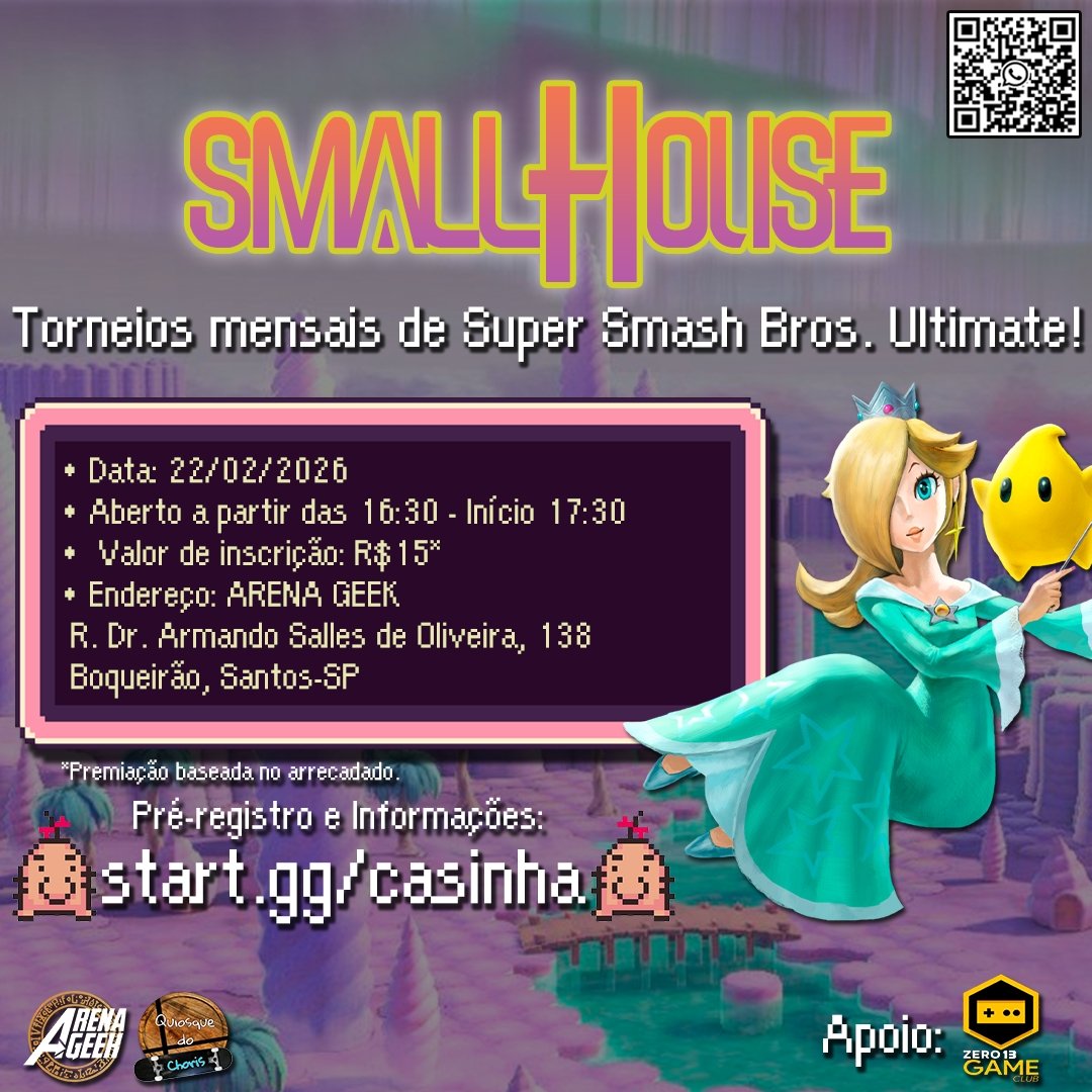 🚨 VEM AÍ MAIS UM SMALL HOUSE!!!

Torneio mensal de #SmashBrosUltimate e #Rivals2 na Arena Geek (Santos-SP)

🗓️ Dia 22/02 (Domingo)
🕔 Aberto a partir das 16:30
📝 Valor de Inscrição: R$15,00 (Premiação baseada no arrecadado)

Mais informações no link abaixo!
⬇️⬇️⬇️