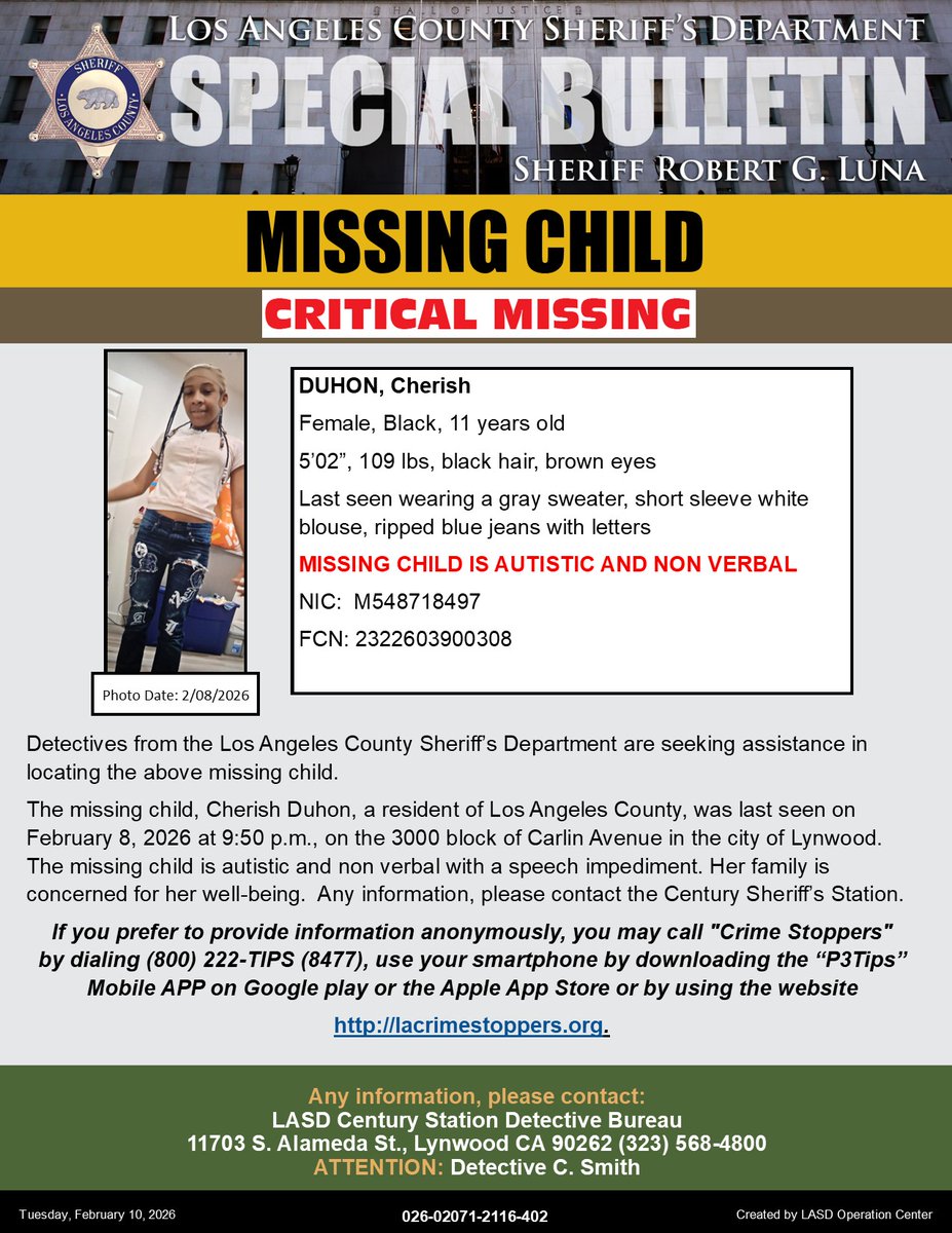 *updated photo* #LASD is Asking for the Public’s Help Locating Critical Missing Juvenile, Cherish Duhon #Lynwood 
local.nixle.com/alert/12186717/